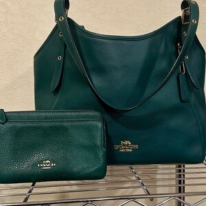Coach Meadow Shoulder bag in Pine Green with matching wristlet double zip wallet